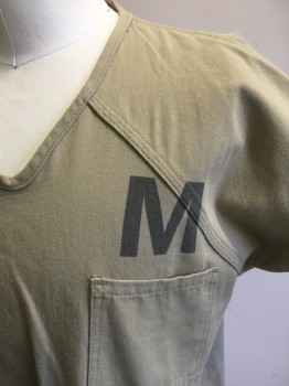 BOB BARKER, Beige, Polyester, Cotton, Solid, Short Sleeves, V-neck, 1 Pocket, Raglan Sleeves,  "M" Above Pocket, "DOC" on Back