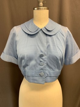 BETTY HARTFORD, Sky Blue, Rayon, Cotton, Solid, JACKET Single Breasted, 3 Button Front, Double Peter Pan Collar, Cuffed Short Sleeves, Cropped, Sheen Hides Light Shoulder Burn,t