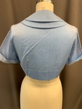 BETTY HARTFORD, Sky Blue, Rayon, Cotton, Solid, JACKET Single Breasted, 3 Button Front, Double Peter Pan Collar, Cuffed Short Sleeves, Cropped, Sheen Hides Light Shoulder Burn,t