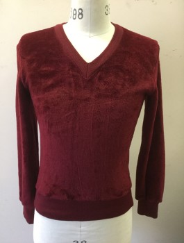 SWEATER EMPORIUM, Red Burgundy, Acrylic, Polyester, Solid, Velour, Pullover, Rib Knit V-neck, Cuffs and Waistband,