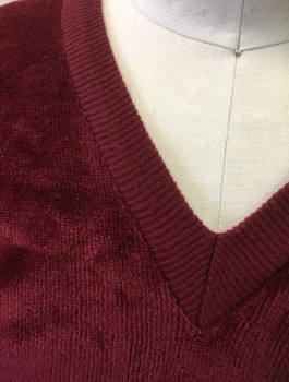 SWEATER EMPORIUM, Red Burgundy, Acrylic, Polyester, Solid, Velour, Pullover, Rib Knit V-neck, Cuffs and Waistband,