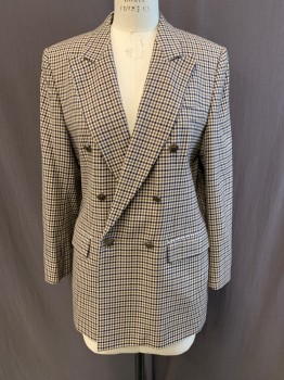 AQUASCUTUM, Beige, Brown, Navy Blue, Wool, Houndstooth, Peaked Lapel, Double Breasted, Button Front, 3 Pockets