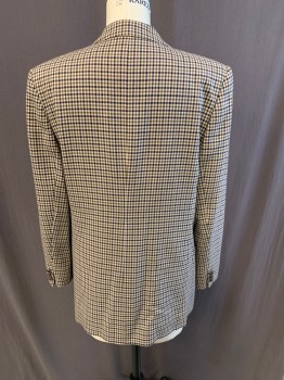 AQUASCUTUM, Beige, Brown, Navy Blue, Wool, Houndstooth, Peaked Lapel, Double Breasted, Button Front, 3 Pockets