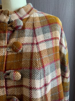 N/L, Lt Brown, Maroon Red, Multi-color, Wool, Plaid, Band Collar, 4 Covered Buttons, Gray and Beige Colors