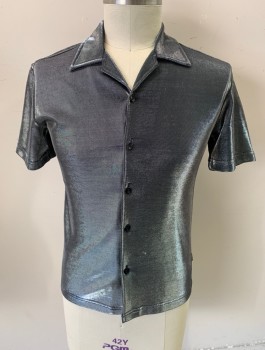 POP ICON, Silver, Polyester, Solid, Stretchy, Short Sleeves, Button Front, Collar Attached, Fitted