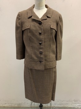 BULLOCKS WILSHIRE, Black, Beige, Wool, Houndstooth, Collar Attached, Single Breasted, Button Front, 2 Pockets