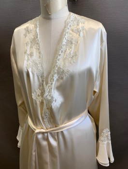 OSCAR DE LA RENTA, Cream, Polyester, Solid, Satin, Long Sleeves, Lace Floral Accent at Neck and Cuffs, Open Front with 1 Hook/Eye Closure, Floor Length, 2 Side Seam Pockets, **With Matching Sash Belt