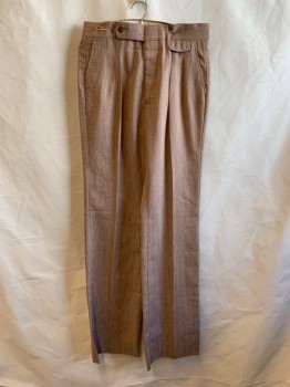 NL, Tan Brown, White, Cotton, Wool, Stripes - Vertical , Slant Pockets, Zip Front, Pleated Front, 1 Back Welt Pocket