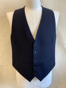 YVES SAINT LAURENT, Navy Blue, Wool, Plaid-  Windowpane, V-N, Single Breasted, Button Front, 5 Buttons, 2 Welt Pockets at Waist