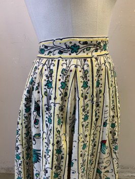 N/L, Cream, Kelly Green, Red, Black, Yellow, Cotton, Novelty Pattern, Skirt:  Barkcloth, Illustrated Roosters, Butterflies and Swirled Flowers Pattern, 2" Wide Self Waistband, Large Box Pleats, Full/Flared Shape, Hem Below Knee