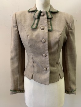 MONNIG'S, Lt Brown, Cream, Wool, 2 Color Weave, Olive Lace Edging/Trim, Rounded Collar with Self Bow Detail at Neck, 5 Self Fabric Buttons, Fitted with Darts at Waist, Folded Cuffs