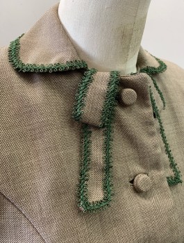 MONNIG'S, Lt Brown, Cream, Wool, 2 Color Weave, Olive Lace Edging/Trim, Rounded Collar with Self Bow Detail at Neck, 5 Self Fabric Buttons, Fitted with Darts at Waist, Folded Cuffs
