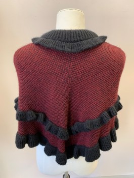 CIS, Red Burgundy, Black, Acrylic, Polyamide, 2 Color Weave, Girls, 2 Bttns, Tie At Neck, Ruffle Knit Trim