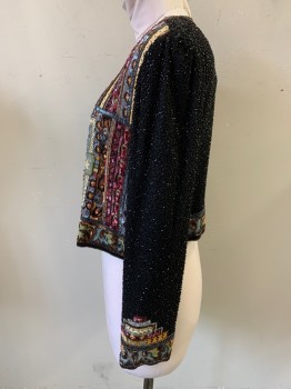 CREATIVE CREATIONS, Black, Sage Green, Maroon Red, Lt Blue, Multi-color, Silk, Beaded, Geometric, Abstract , Crew Neck, 1 Hook Eye Closure at Neck, Long Sleeves, Heavy Elaborate Beading, Shoulder Pads