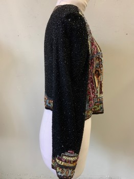 CREATIVE CREATIONS, Black, Sage Green, Maroon Red, Lt Blue, Multi-color, Silk, Beaded, Geometric, Abstract , Crew Neck, 1 Hook Eye Closure at Neck, Long Sleeves, Heavy Elaborate Beading, Shoulder Pads