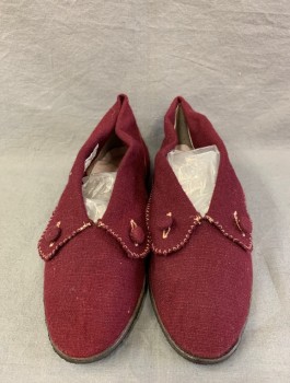 N/L, Red Burgundy, Wool, Solid, Bedroom Slippers/Booties, Wool Flannel with Cream Zig Zag Top Stitching, 2 Decorative Fabric Buttons at Toe