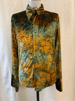 NL, Brown, Blue, Green, Goldenrod Yellow, Cotton, Synthetic, Tie-dye, Velvet, Collar Attached, Button Front, Long Sleeves