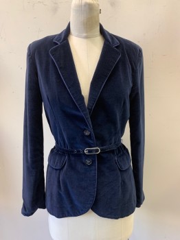 PATTY WOODARD, Navy Blue, Synthetic, Solid, Single Breasted, 2 Buttons, Notched Lapel, 2 Faux Pockets, Cording Trim, with Belt