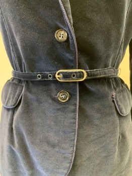 PATTY WOODARD, Navy Blue, Synthetic, Solid, Single Breasted, 2 Buttons, Notched Lapel, 2 Faux Pockets, Cording Trim, with Belt