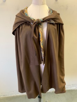 N/L, Brown, Wool, Solid, Shoulder Flap with Self Ties at Front, Open Front, Hip Length, Brown/Blue/Beige Patterned Silk Lining, **Has Some Moth Damage/Tiny Holes