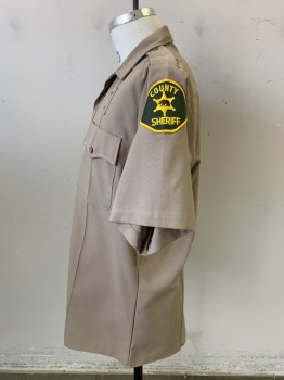 FLYING CROSS, Tan Brown, Polyester, Rayon, Solid, Short Sleeves, Button Front, County Sheriff Patches, Epaulets, 2 Pockets,