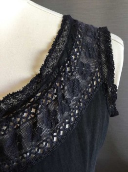 M.T.O., Black, Cotton, Solid, Black Lace Trim Scoop Neck with Black Ribbon Draw String. Snap Front Closure. Sleeveless,