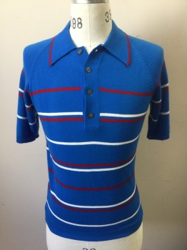 TOWNCRAFT, Blue, Red, White, Acrylic, Stripes - Horizontal , Cerulean Blue with Red and White Horizontal Stripes, Knit, Short Sleeves, Raglan Sleeves, Rib Knit Collar Attached, 4 Buttons at Neck,