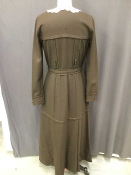 MTO, Dk Brown, Wool, Solid, Made To Order, Wool Gabardine, Trios Of Buttons Center Front, Real Closures Are Hooks and Eyes, Long Sleeves, White Swirly Lace Collar, Smart Shirtwaist Style Dress, Single Pleat Skirt Front and Skirt Back, One Repaired Moth Hole Center Back Yoke,