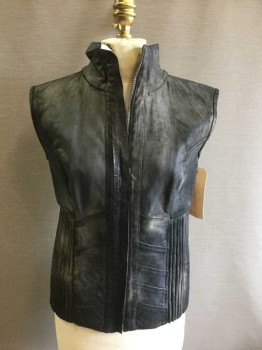 NO LABEL, Black, Gray, Leather, Zip Front, Mock Neck, Vertical Line Quilting At Sides,