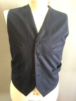 Navy Blue, White, Wool, Stripes - Vertical , V-neck, 5 Buttons, 4 Pockets, Self Backed,