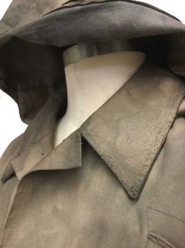 N/L, Brown, Lt Brown, Gray, Cotton, Nylon, Solid, Tie-dye, Dusty Brown Twill with Dark Brown/Gray Mottled Dye, Fashioned/Repurposed From Trench Coat, Button Front, Collar Attached, Hooded, Weather Proof Gray Plaid Lining, Arm Holes At Sides, Dirty/Aged