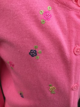 CHEROKEE, Neon Pink, Yellow, Green, Blue, Acrylic, Sequins, Solid, Floral, Crew Neck, Button Front, Long Sleeves, Small Sequin Flower Applique, Front