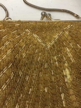 Gold, Beaded, Gold Beaded Purse, One Long Gold Strap, Gold Hinged Clasp,