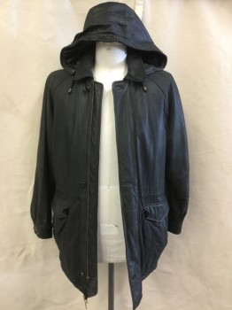 ROBERT COMSTOCK, Black, Leather, Polyester, Solid, Black with Black Diamond Quilt Lining, Collar Attached,  with Hood, 3/4 Length, Raglan Long Sleeves, 3 Button Front & Zip Front, 4 Pockets ( 2 with Flap), D-string Waist, ( White Paint Stained on Right Cuff)