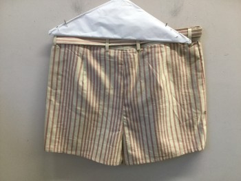 MTO, Khaki Brown, Rose Pink, Silk, Stripes, Swimming Trunks. Zip Fly, 2 Faux Pocket Flaps with Self Belt with Silver Buckle