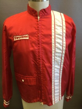 NL , Red, White, Nylon, Solid, Stripes, Zip Front, Band Collar,  White Stripes, Pocket Flap, Firestone Patch on Front and Applique on Back