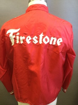NL , Red, White, Nylon, Solid, Stripes, Zip Front, Band Collar,  White Stripes, Pocket Flap, Firestone Patch on Front and Applique on Back