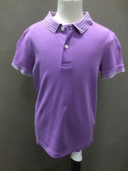 LAND'S END, Lavender Purple, Cotton, Solid, Short Sleeves, Lavender/White Stripe Ribbed Knit Collar/Cuff, 2 Buttons,