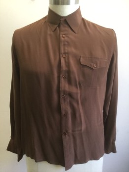 BOCCI, Brown, Silk, Solid, Chiffon, Long Sleeve Button Front, Collar Attached, 1 Pocket with Button Flap Closure, Burgundy Pleat at Center of Pocket,