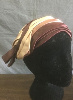 N/L, Brown, Lt Brown, Beige, Silk, Gathered Shades of Brown and Beige Satin, Knotted at Side, Structured Base, Cloche-like, Midcentury,