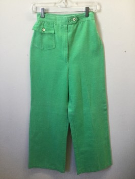 MONTGOMERY WARD, Green, Cotton, Solid, Day-Glo Bright Green, Gauze, 1" Wide Self Waistband, Wide Leg, High Waist, Zip Fly, 1 Patch Pocket with Button Flap Closure at Hip,