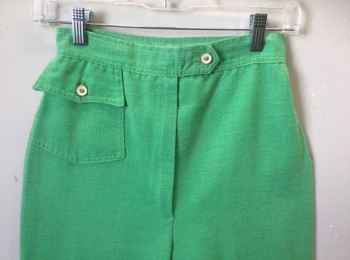 MONTGOMERY WARD, Green, Cotton, Solid, Day-Glo Bright Green, Gauze, 1" Wide Self Waistband, Wide Leg, High Waist, Zip Fly, 1 Patch Pocket with Button Flap Closure at Hip,