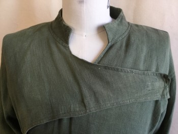 N/L (MTO), Olive Green, Cotton, Polyester, Solid, Shinny Dark Green Lining, Mandarin/Nehru Collar, Wrap Around with Side Velcro, a Wedge Cross Over Chess with Velcro Closure, Long Sleeves with Elastic Cuffs, Uneven Hem