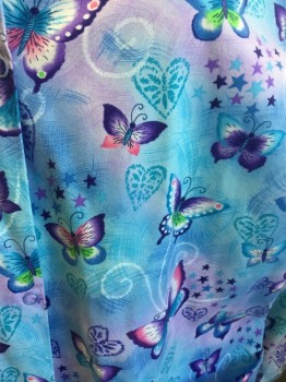 SCRUB HQ, Lt Blue, Lavender Purple, Purple, Blue, Pink, Poly/Cotton, Novelty Pattern, Butterfly and Heart Pattern, Snap Front, Long Sleeves, 2 Pockets, Elastic Cuff