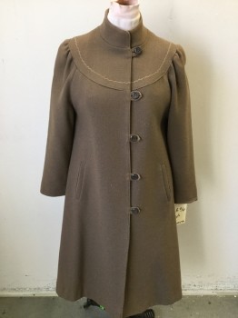 MAKYTA, Lt Brown, Wool, Solid, 5 Button & Loops, Stand Collar, Full Length, Scallop Embroidered Yoke, 2 Welt Pocket,