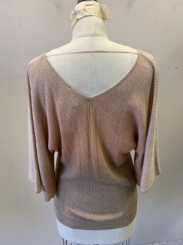 INC, Rose Pink, Tan Brown, Gold, Rayon, Polyester, Ombre, 3/4 Sleeves, Scoop Neck, Dolman Sleeve, Rib Knit, Slightly Sheer