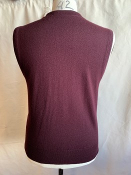 PERRY ELLIS, Maroon Red, Wool, Solid, V-neck, Zipper Front, Ribbed Knit Armholes/Waistband