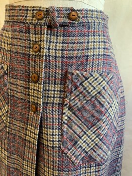 CRAZY HORSE, Navy Blue, Red, Olive Green, White, Wool, Plaid, 1" Waistband, Button Tab Closure, Button Front Placket Front , 2 Patch Pockets, Knee Length