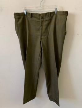 MICHAELS/STERN, Olive Green, Wool, 2 Color Weave, F.F, 4 Pockets, Cuffed, Olive, Light Blue, and Black Weave