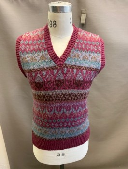 CRAFT CENTER, Mauve Pink, Blue-Gray, Teal Blue, Terracotta Brown, Brown, Wool, Fair Isle, Pullover, Knit, Ribbed Hem 